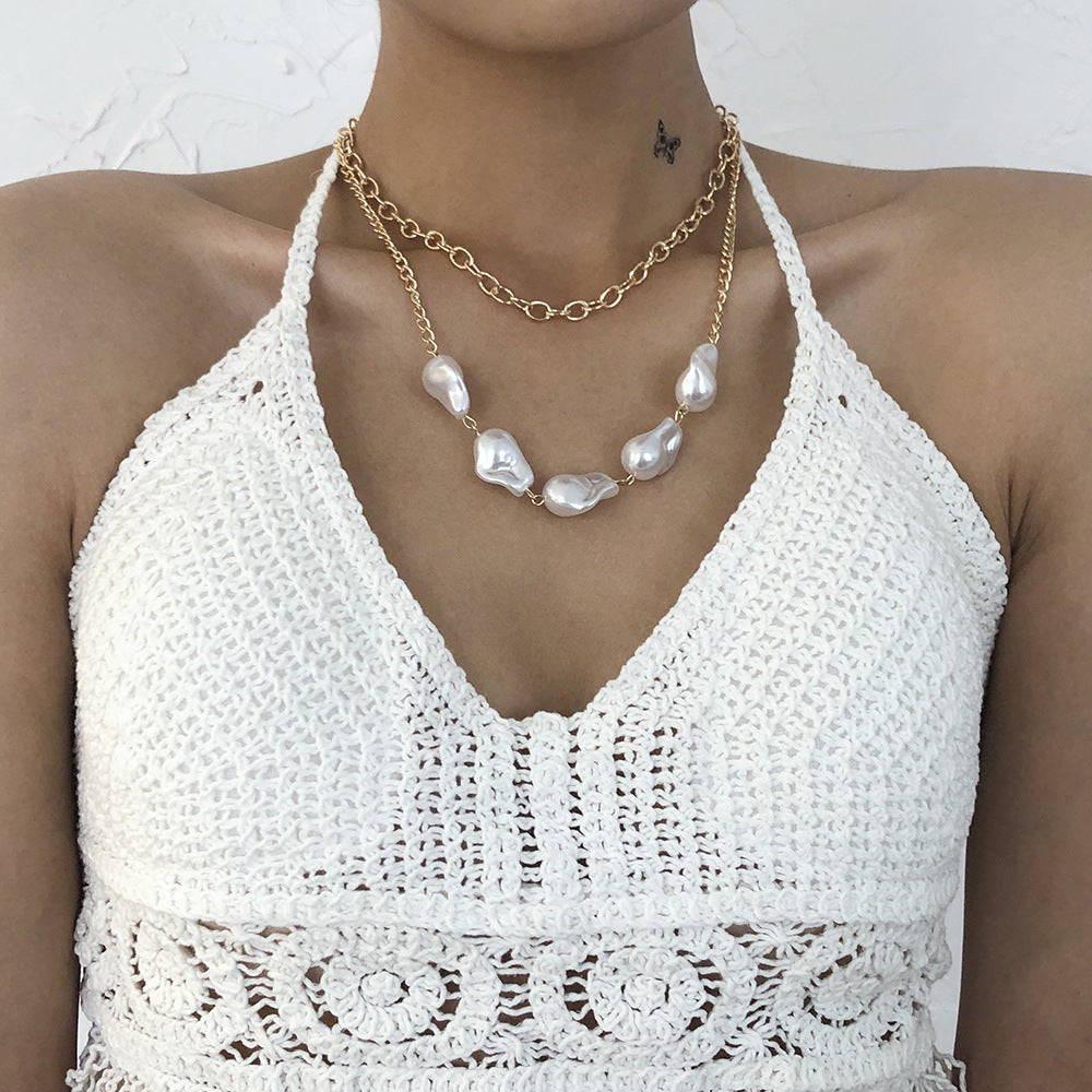Pearl Layered Necklace, Rose Gold Minimalist Double Chain, Gift for Her