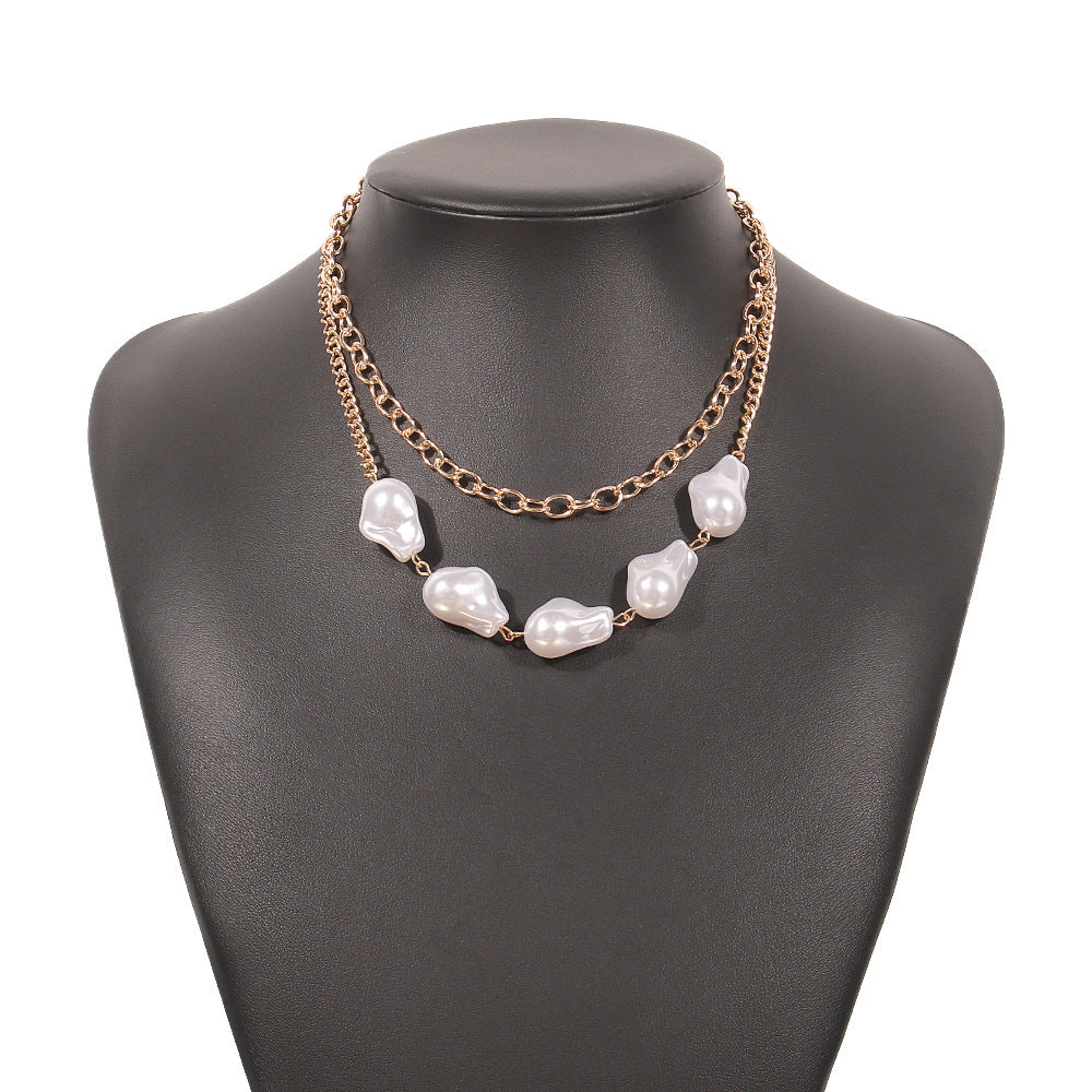 Pearl Layered Necklace, Rose Gold Minimalist Double Chain, Gift for Her