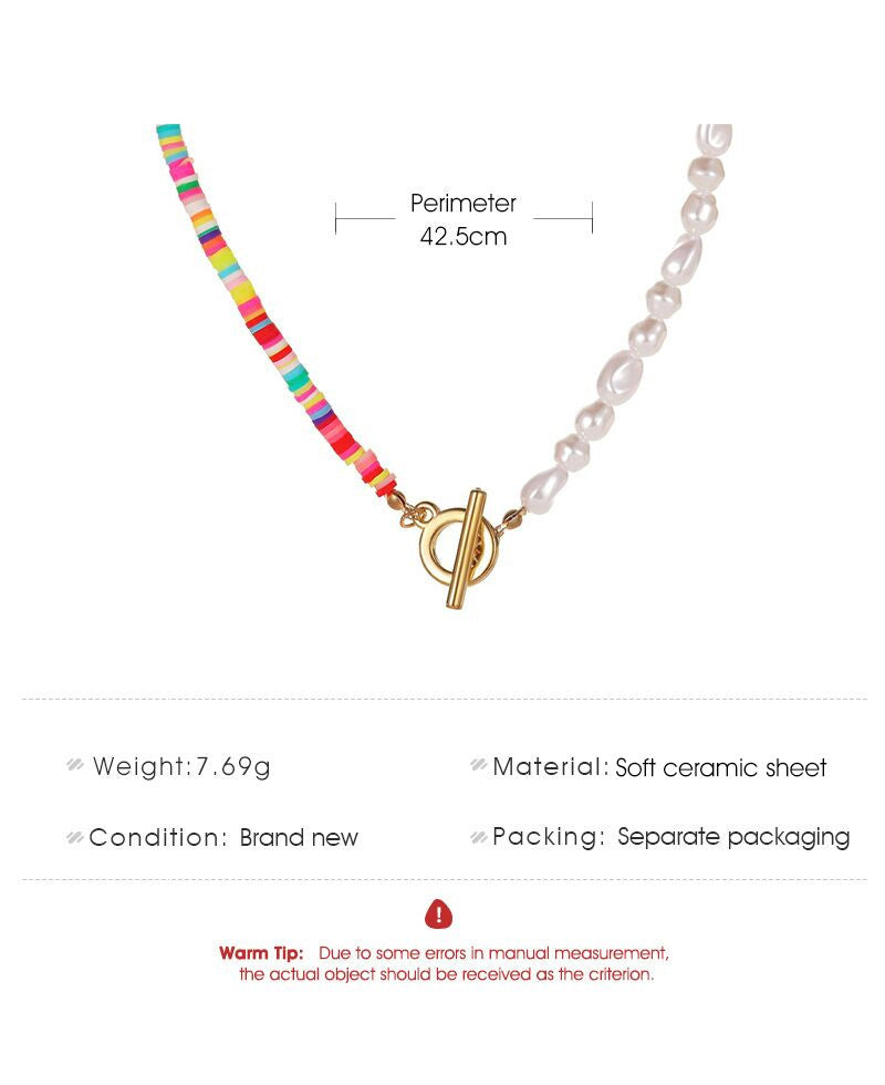 Colour‑Clay Bead Necklace, Clay + Pearls, Gift for Her, Boho Minimalist Style