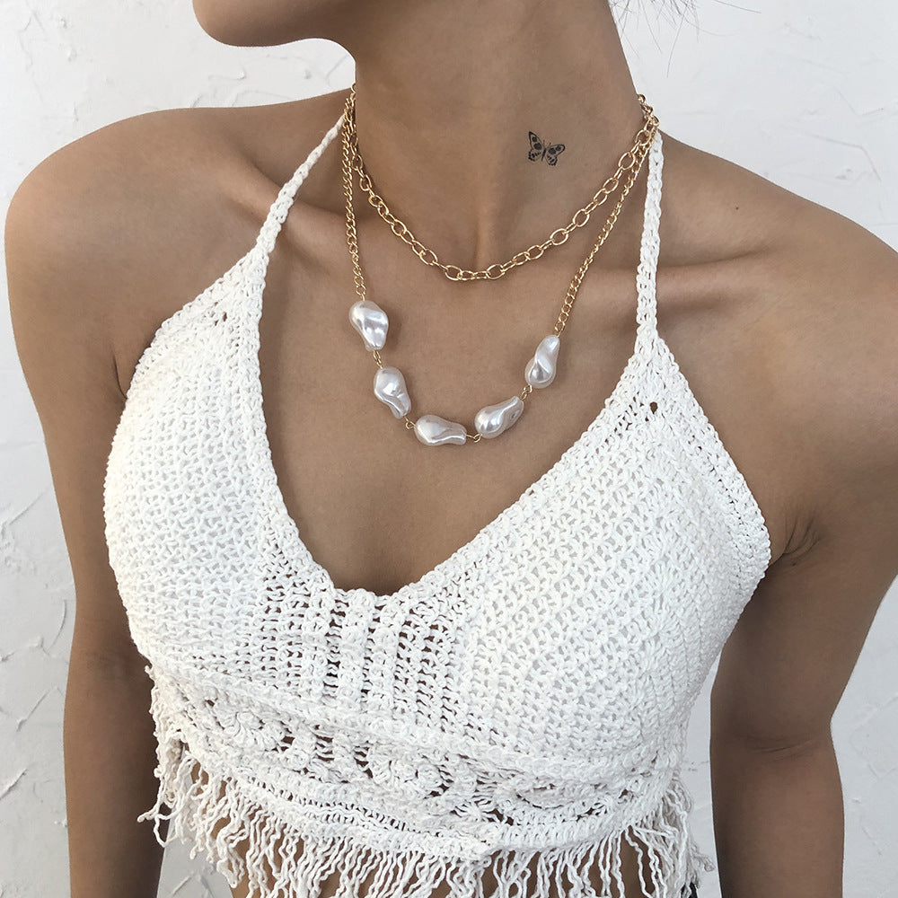 Pearl Layered Necklace, Rose Gold Minimalist Double Chain, Gift for Her