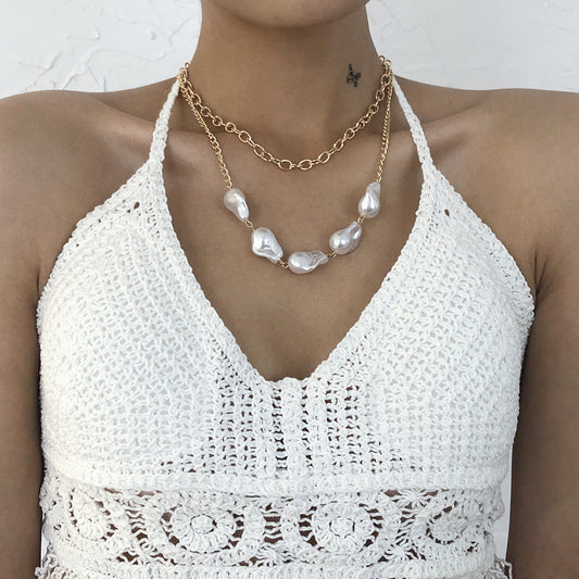 Pearl Layered Necklace, Rose Gold Minimalist Double Chain, Gift for Her