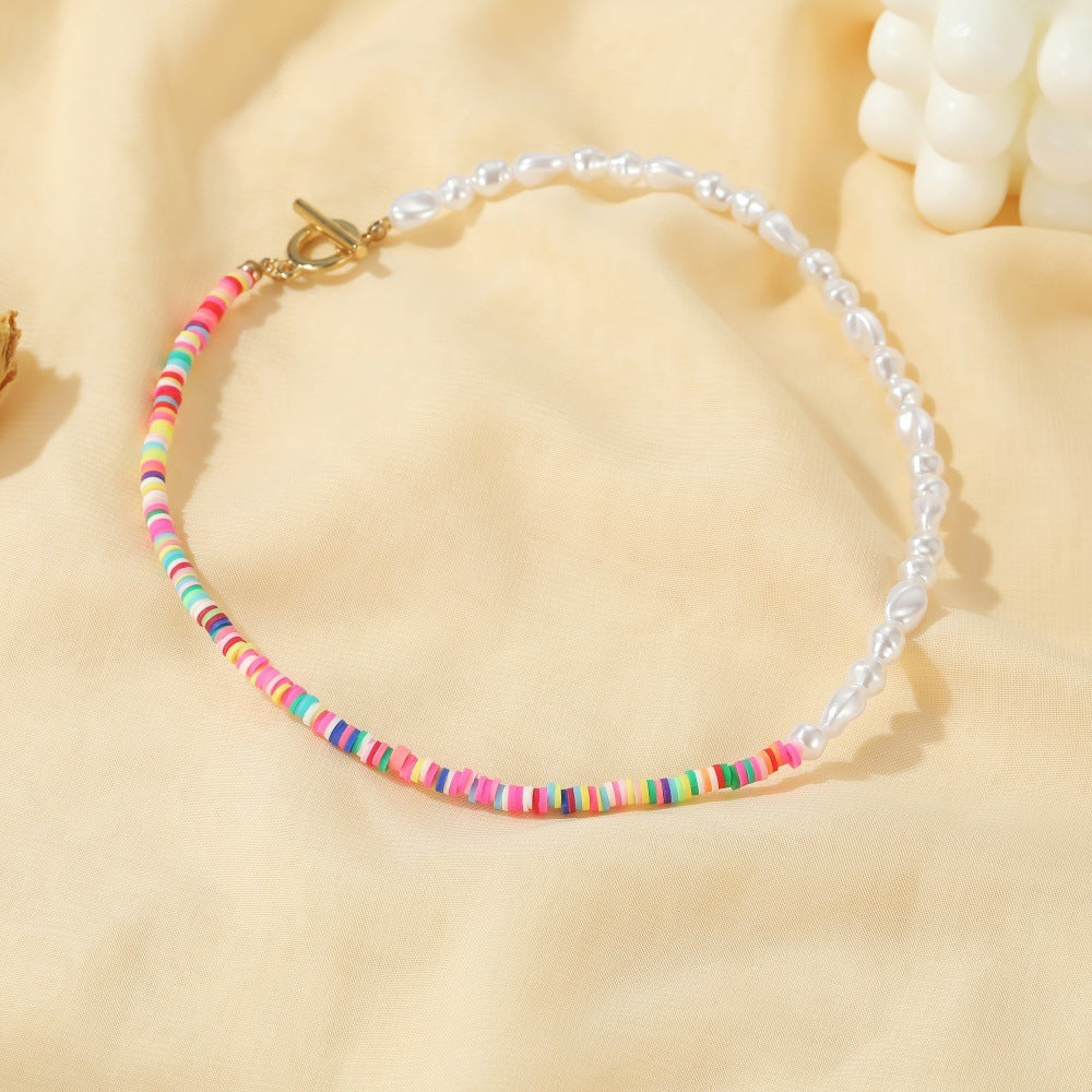 Colour‑Clay Bead Necklace, Clay + Pearls, Gift for Her, Boho Minimalist Style