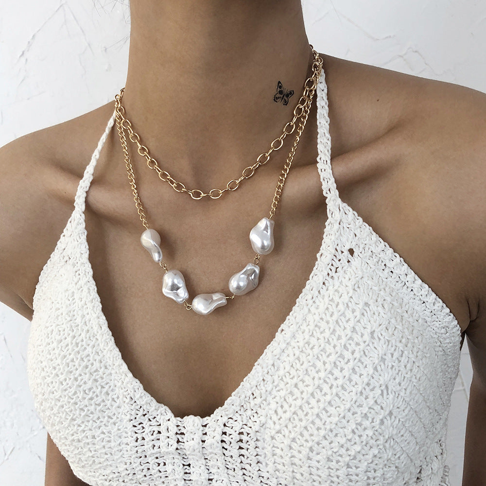 Pearl Layered Necklace, Rose Gold Minimalist Double Chain, Gift for Her