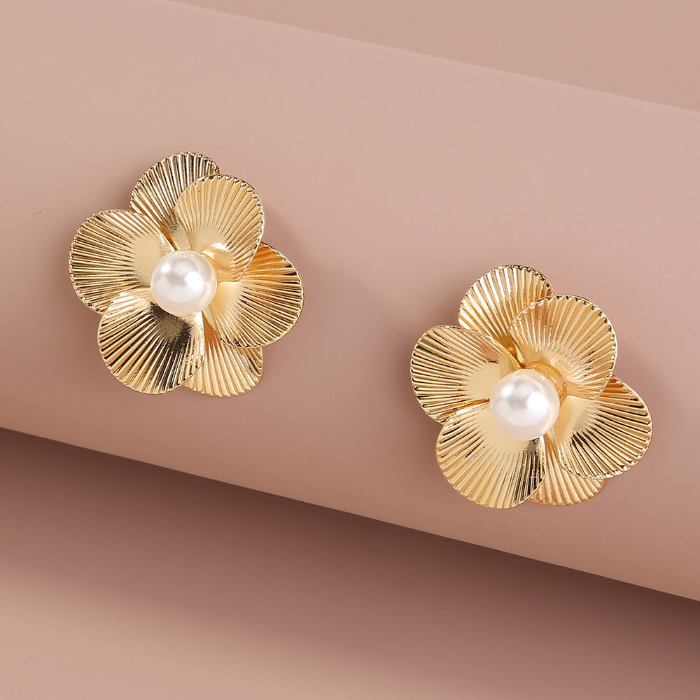 Pearl Stud Earrings, Dainty Six-Petal Design, Bridesmaid Gift, Vintage Style Jewellery
