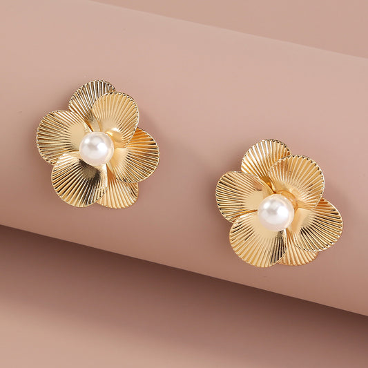 Pearl Stud Earrings, Dainty Six-Petal Design, Bridesmaid Gift, Vintage Style Jewellery