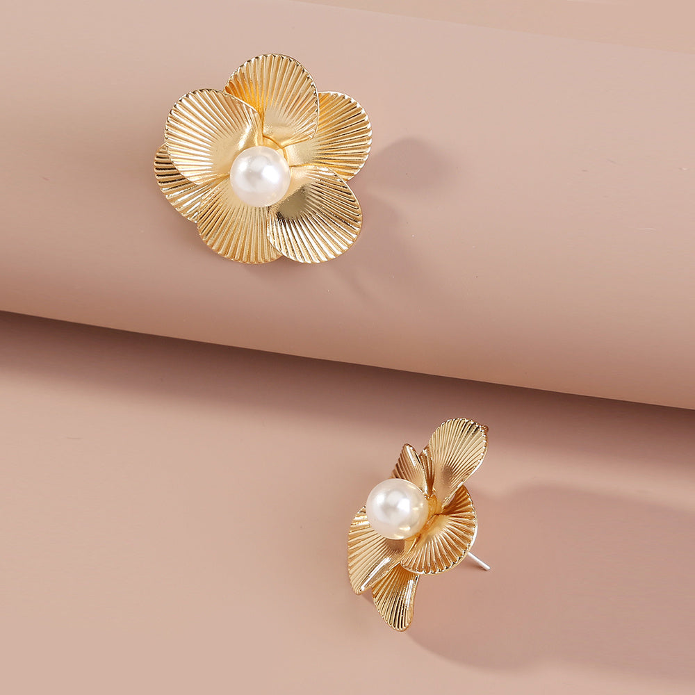 Pearl Stud Earrings, Dainty Six-Petal Design, Bridesmaid Gift, Vintage Style Jewellery