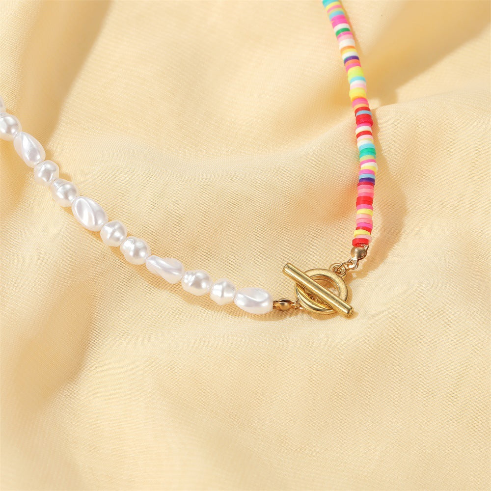 Colour‑Clay Bead Necklace, Clay + Pearls, Gift for Her, Boho Minimalist Style