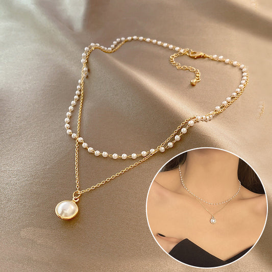 Summer Pearl Layered Necklace, Minimalist Gold & Pearl Pendant, Gift for Her, Beach Jewellery Trend