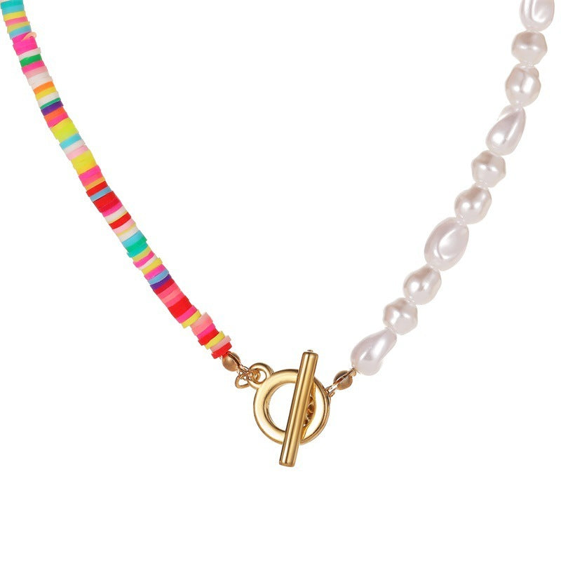 Colour‑Clay Bead Necklace, Clay + Pearls, Gift for Her, Boho Minimalist Style