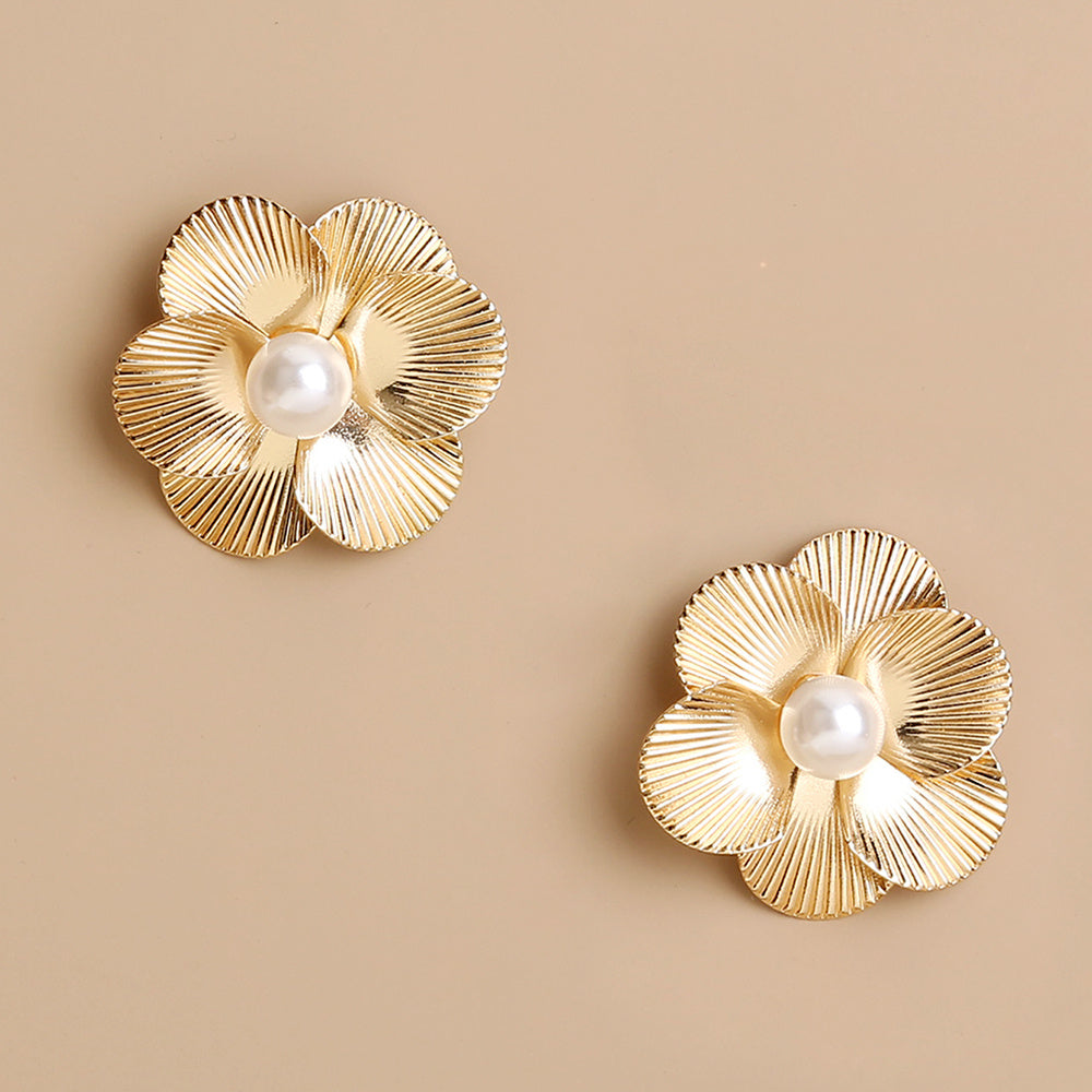Pearl Stud Earrings, Dainty Six-Petal Design, Bridesmaid Gift, Vintage Style Jewellery