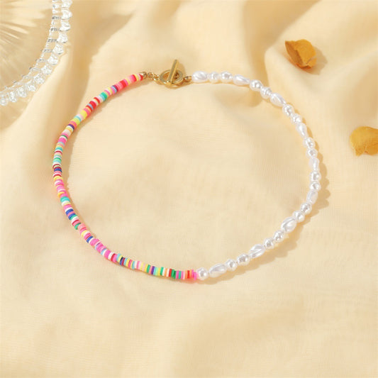 Colour‑Clay Bead Necklace, Clay + Pearls, Gift for Her, Boho Minimalist Style