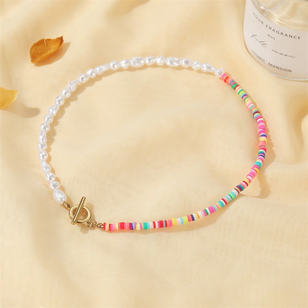 Colour‑Clay Bead Necklace, Clay + Pearls, Gift for Her, Boho Minimalist Style